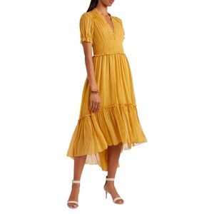 Ulla‎ Johnson Midi Dress Sonja Honey Ruffled Chiffon Size 0 Short Sleeve V-Neck